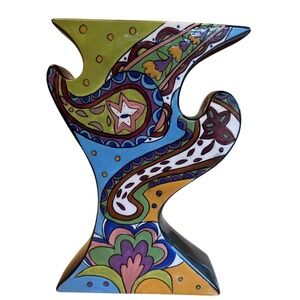 Vintage 12" Paisley Hand Painted Vase Geometric 90's Glossy